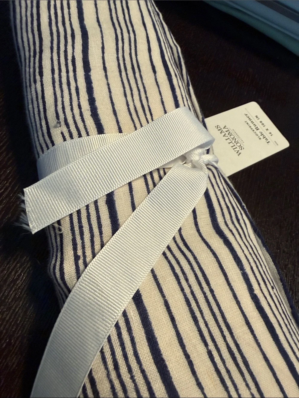 Williams Sonoma Navy and White Striped Blockprint Table Runner 17” x 108”